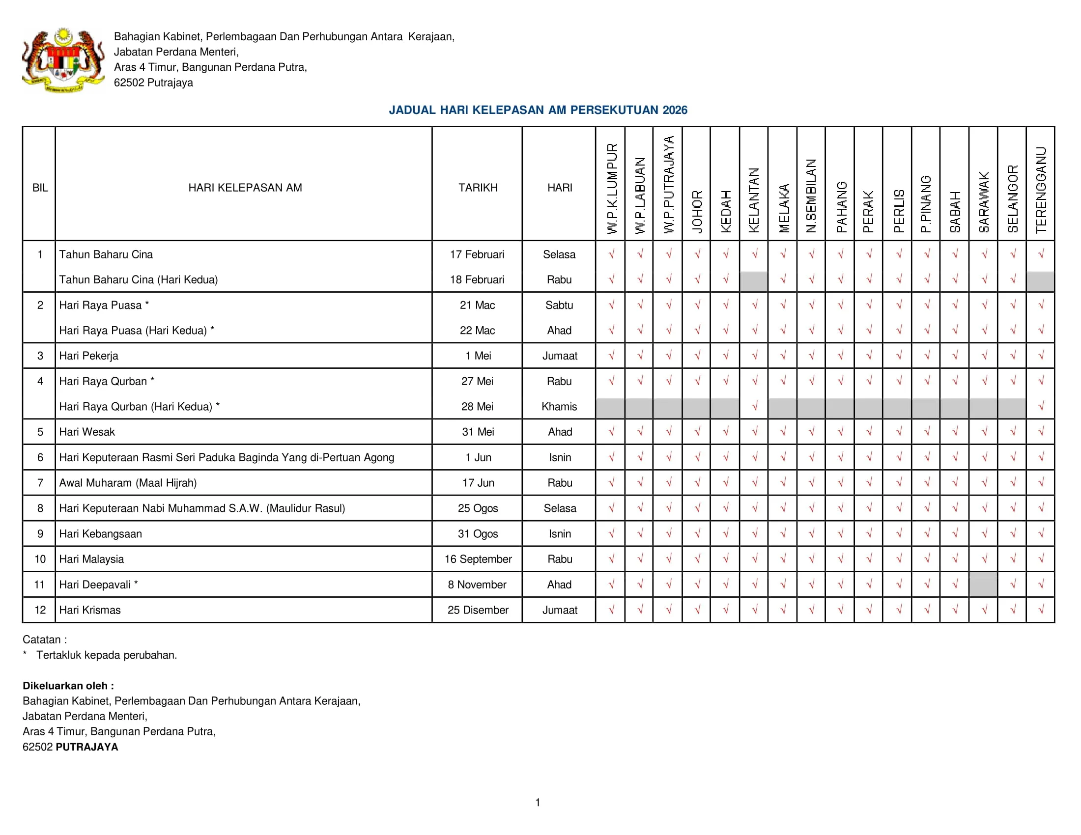 hari kelepasan am Malaysia 2026