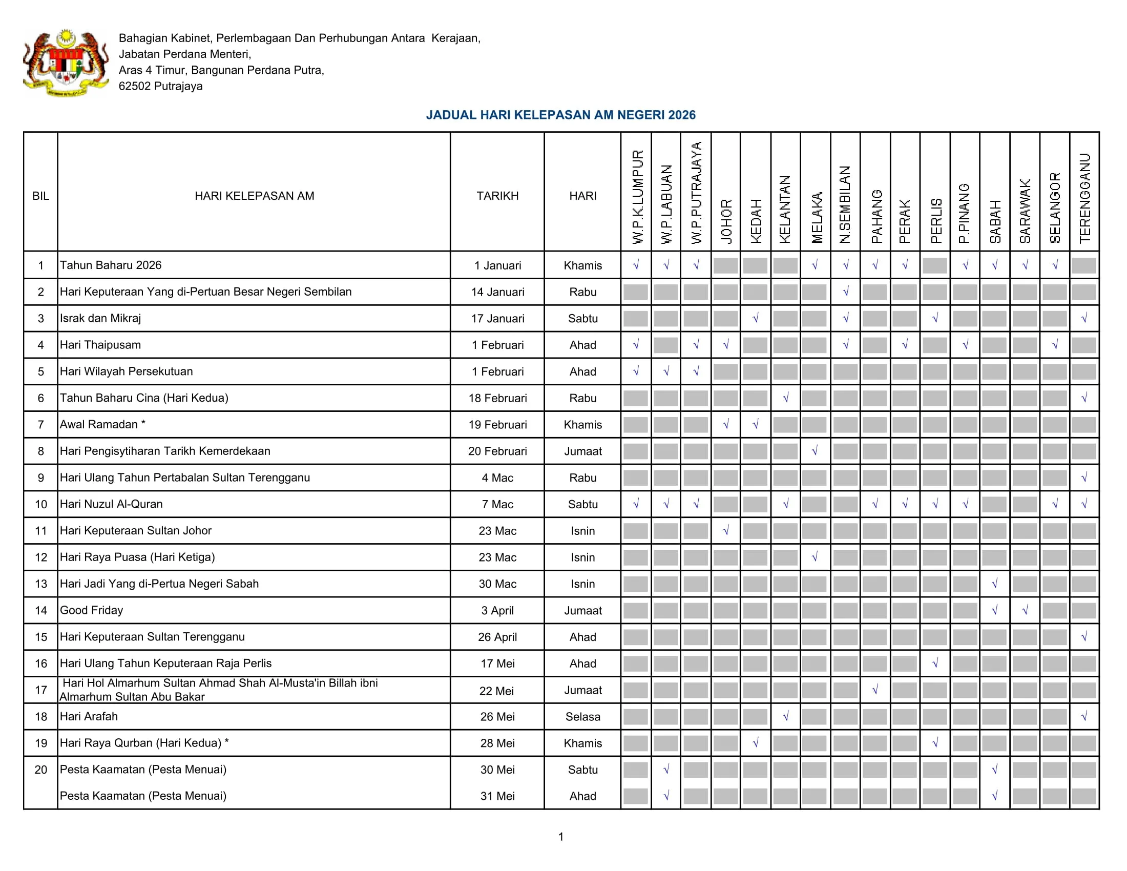 hari kelepasan am Malaysia 2026