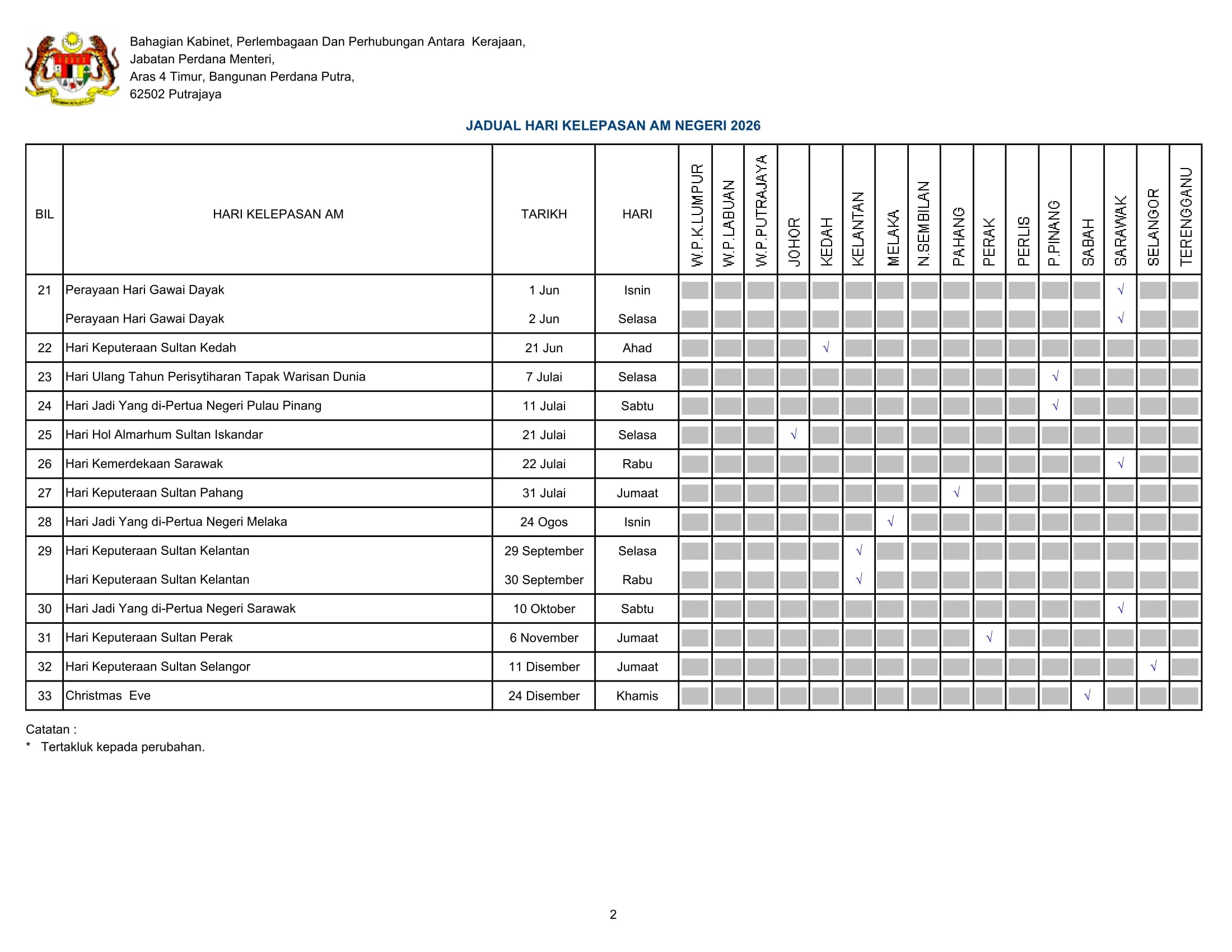 hari kelepasan am Malaysia 2026