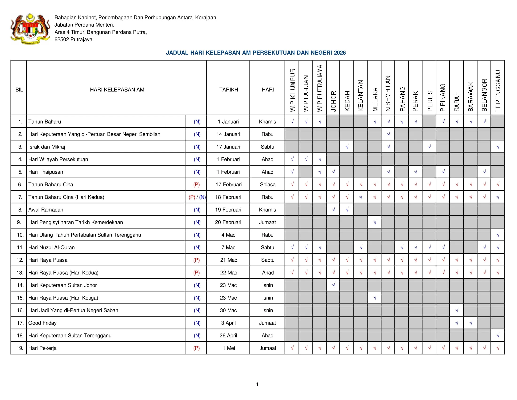hari kelepasan am Malaysia 2026